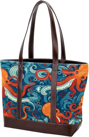Octopus Art-1603 Tote Bags Durable Leather Canvas Purses and Handbags for Women Top Handle Shoulder Satchel Hobo Bags