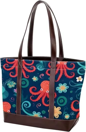 Octopus Art-1606 Tote Bags Durable Leather Canvas Purses and Handbags for Women Top Handle Shoulder Satchel Hobo Bags
