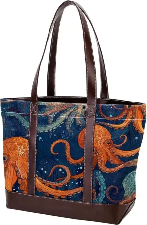 Octopus Art-1642 Tote Bags Durable Leather Canvas Purses and Handbags for Women Top Handle Shoulder Satchel Hobo Bags