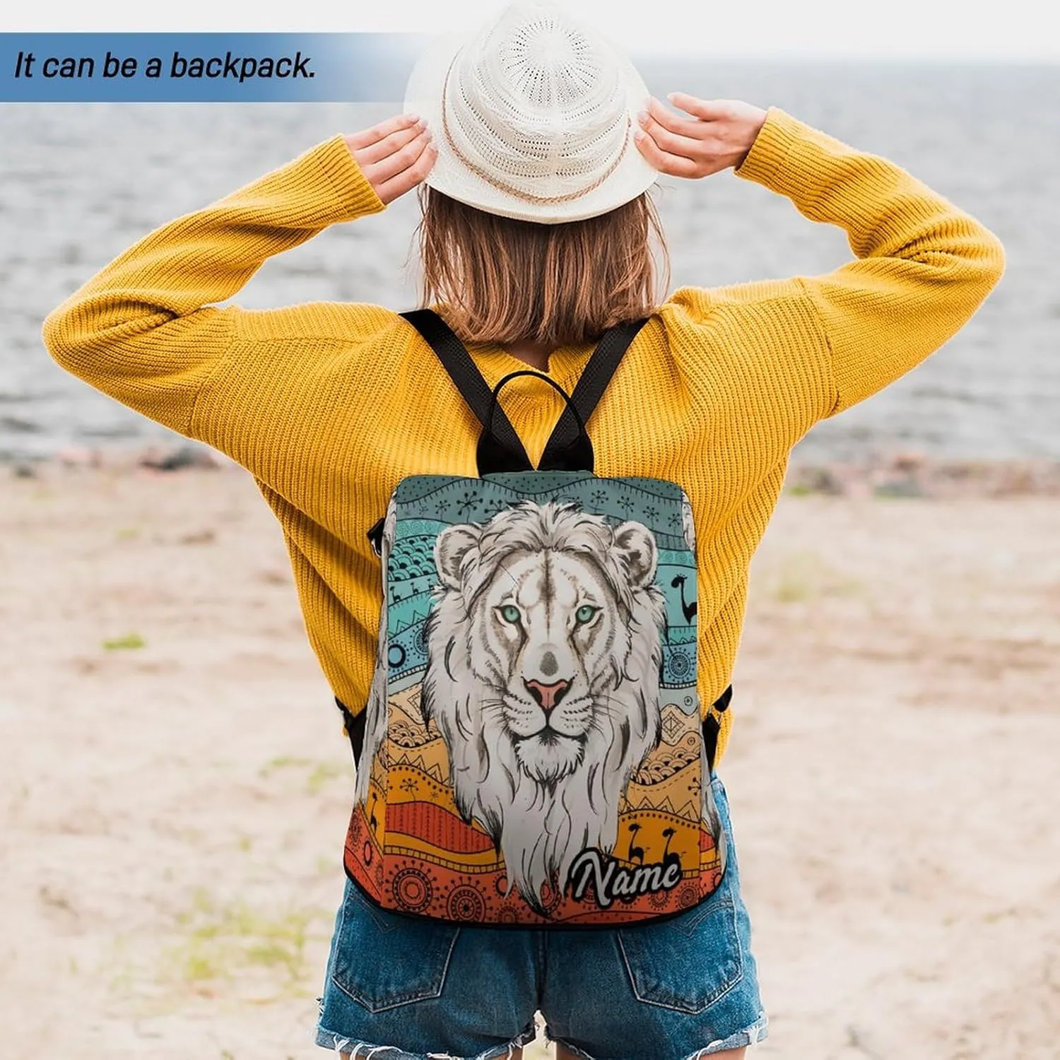 Personalized Waterproof Backpack African Animal Lion Boho Casual Bags for Women Anti-theft Daypacks with Name Custom Fashion Versatile Bag