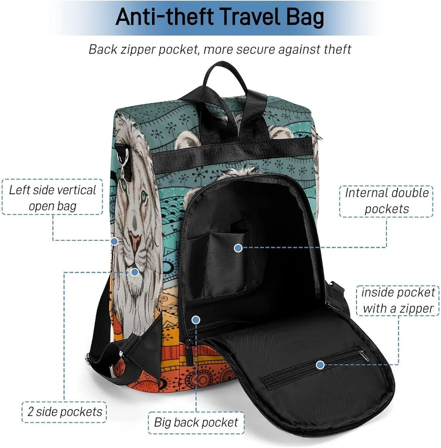 Personalized Waterproof Backpack African Animal Lion Boho Casual Bags for Women Anti-theft Daypacks with Name Custom Fashion Versatile Bag
