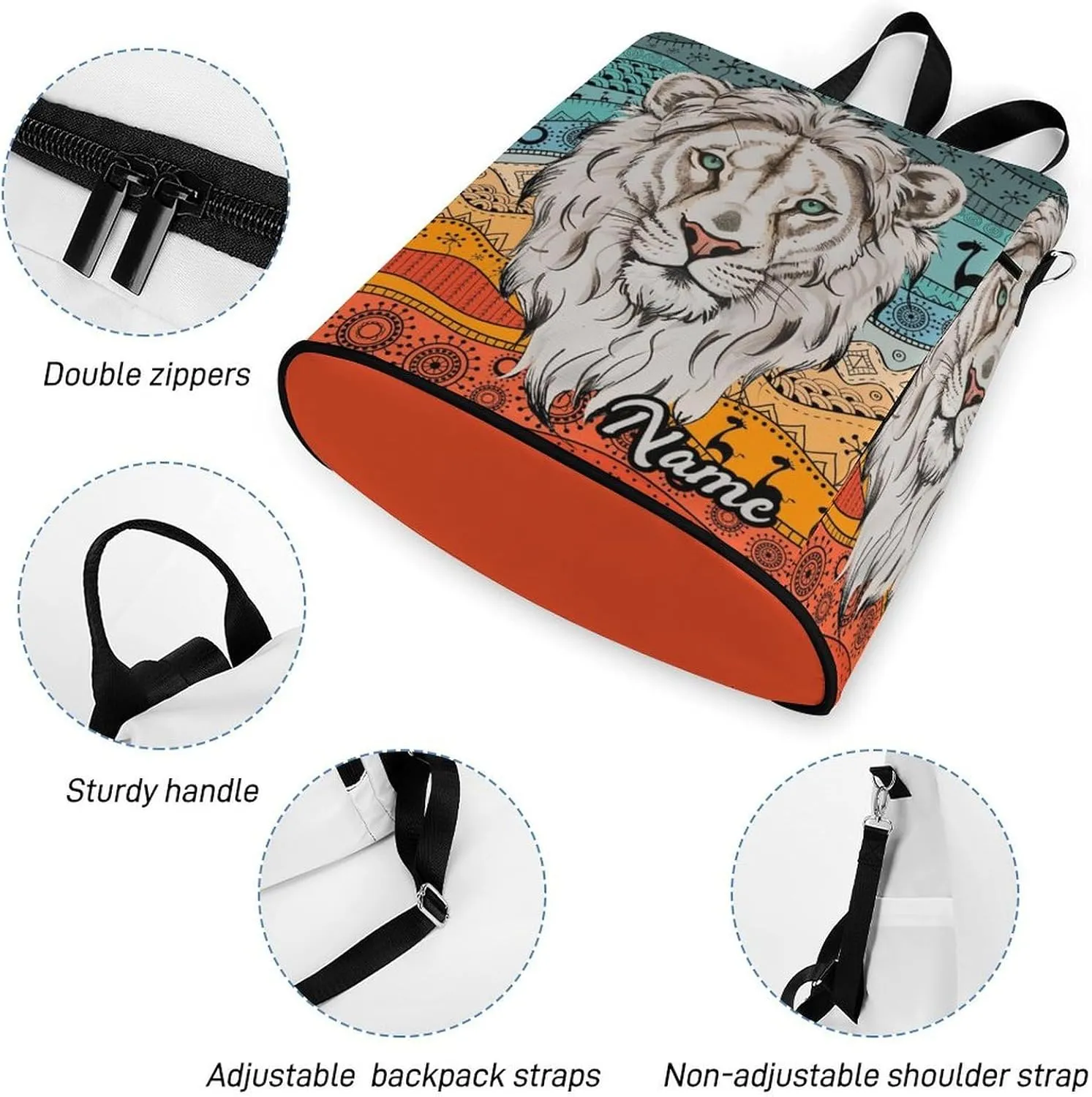 Personalized Waterproof Backpack African Animal Lion Boho Casual Bags for Women Anti-theft Daypacks with Name Custom Fashion Versatile Bag