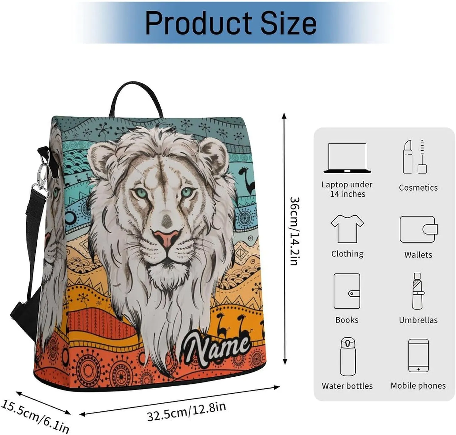 Personalized Waterproof Backpack African Animal Lion Boho Casual Bags for Women Anti-theft Daypacks with Name Custom Fashion Versatile Bag