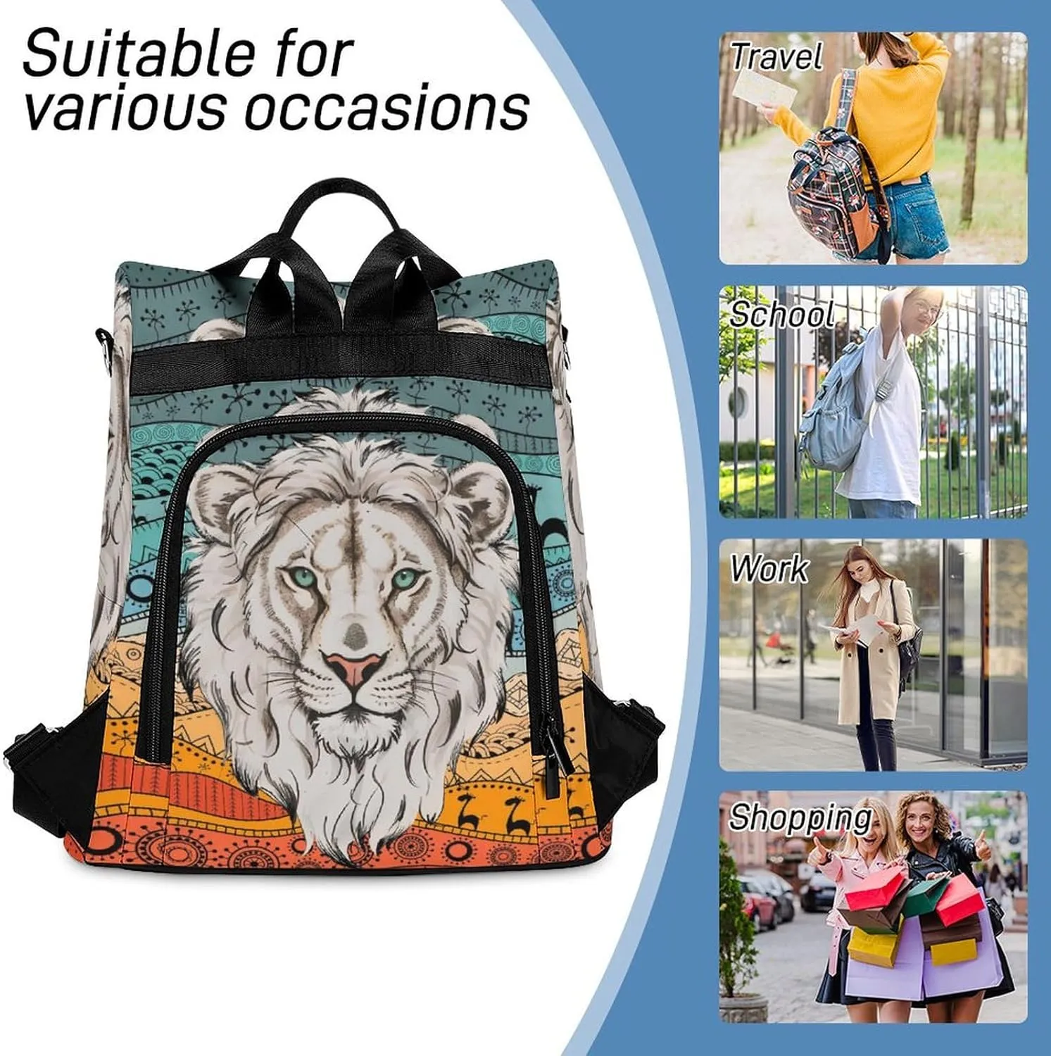 Personalized Waterproof Backpack African Animal Lion Boho Casual Bags for Women Anti-theft Daypacks with Name Custom Fashion Versatile Bag