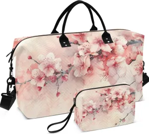 Pink Cherry Blossoms Travel Duffel Bags Cosmetic Bags Set of 2, Cute Women Garment Duffel Bag Duffel for Traveling