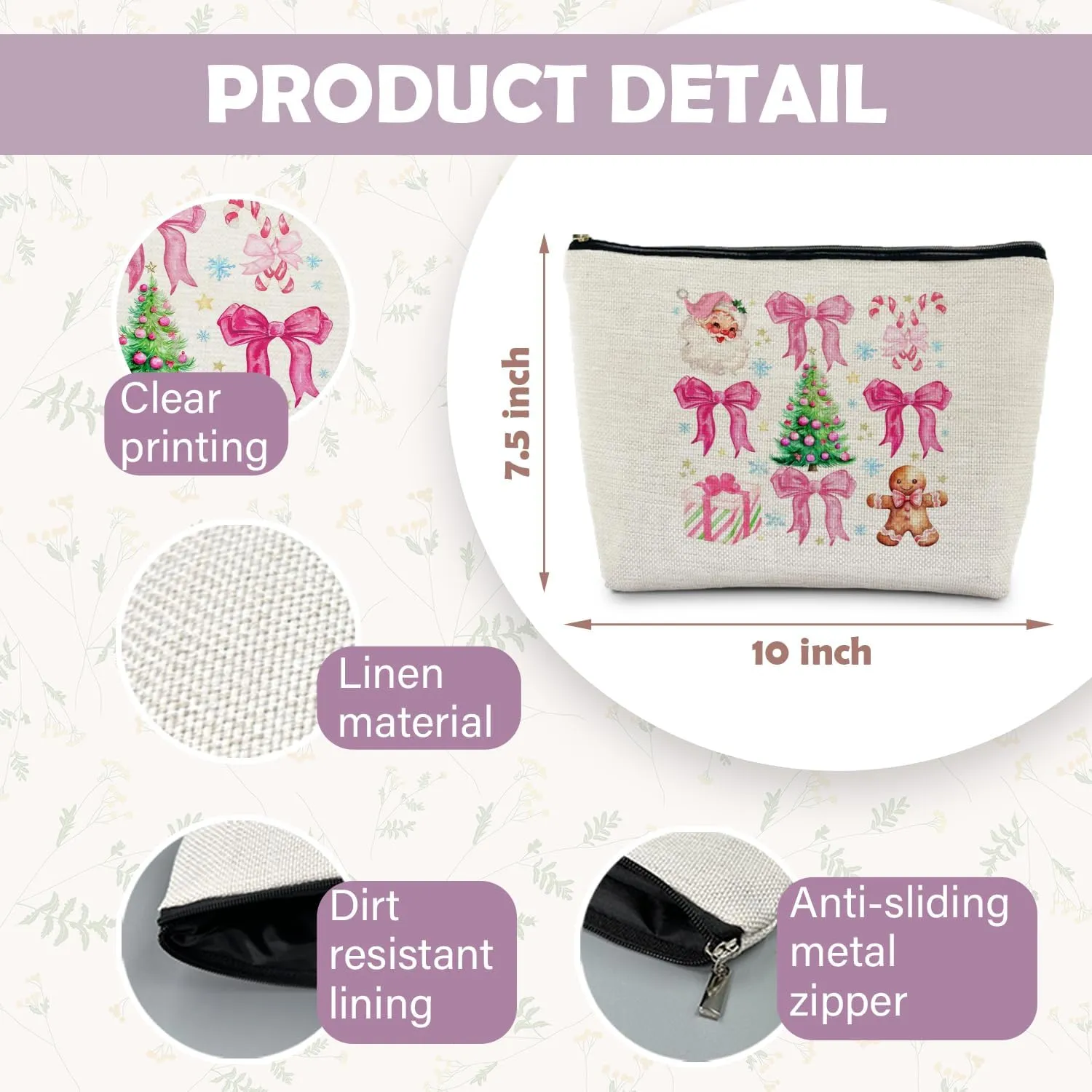 Pink Christmas Makeup Bag Cosmetic Pouch, Christmas Accessories Makeup Bag for Women, Christmas Preppy Gifts for Women, Gingerbread Santa Bows Christmas Tree Zipper Pouch Makeup Pouch