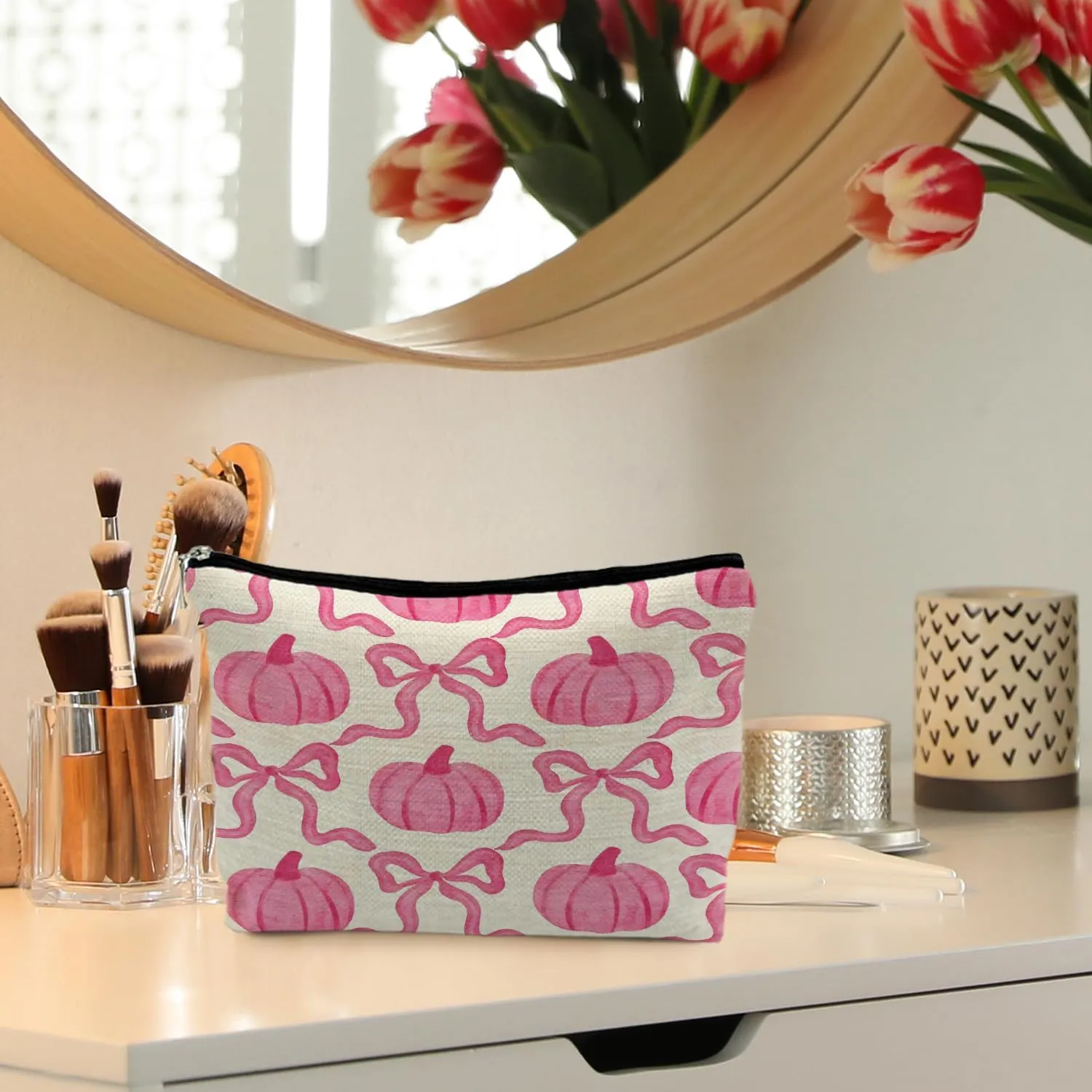 Pink Preppy Makeup Bag - Coquette Bow Pumpkin Cosmetic Bags for Women, Girly & Preppy Stuff