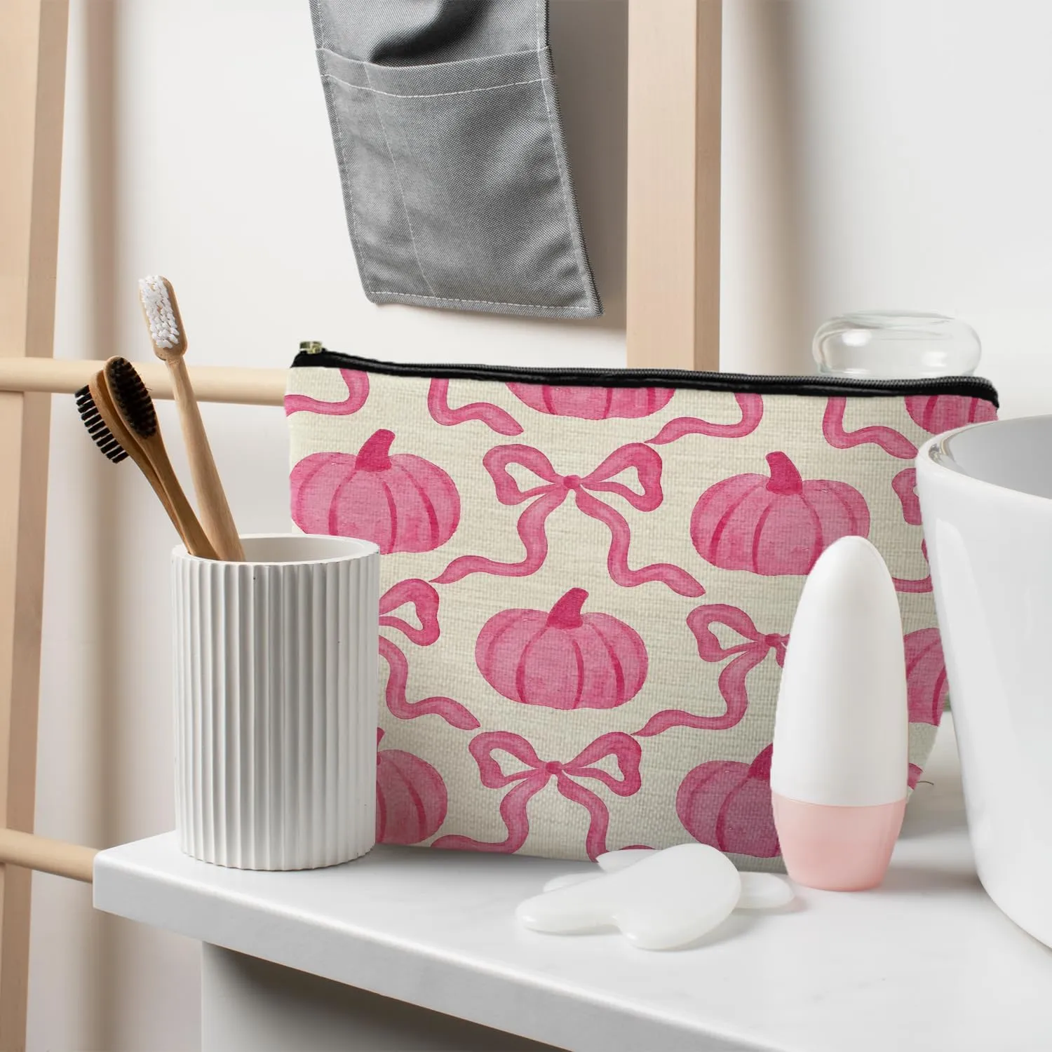 Pink Preppy Makeup Bag - Coquette Bow Pumpkin Cosmetic Bags for Women, Girly & Preppy Stuff