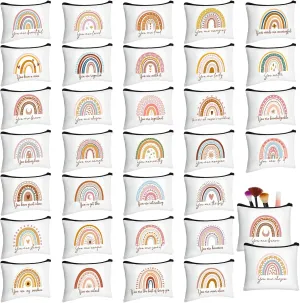Pinkunn 32 Pcs Boho Canvas Makeup Bag Inspirational Cosmetic Bag Bulk CNA Week Inspirational Gifts for Teacher Appreciation Gifts Women Pouch Travel Toiletry Pouch