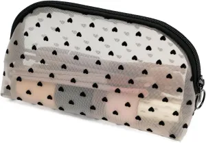 Portable Mesh Makeup Bag with Zipper Small Travel Toiletry Bag Lightweight Cosmetic Pouch (Beige&Black Heart Half Round)