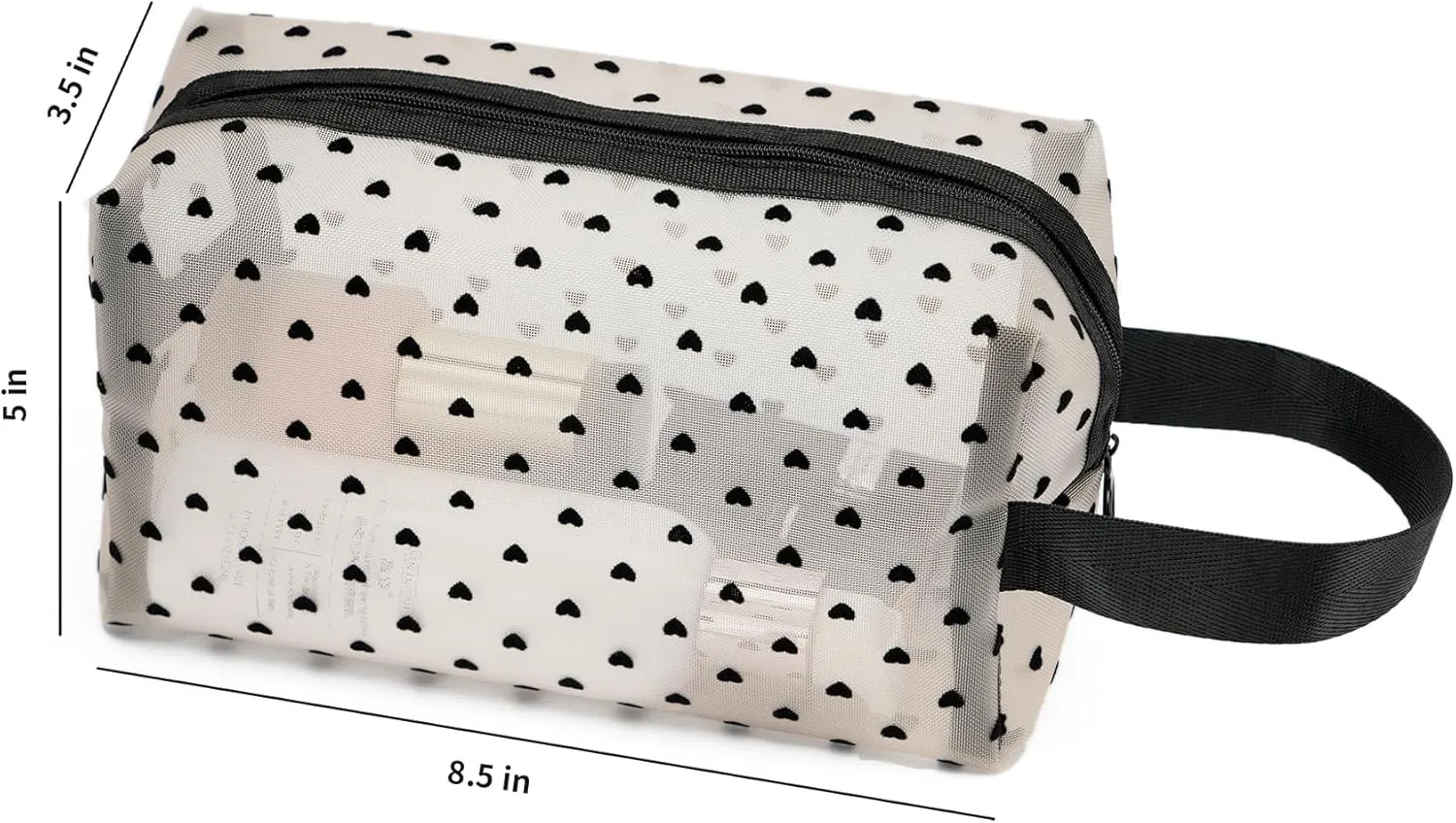 Portable Mesh Makeup Bag with Zipper Small Travel Toiletry Bag Lightweight Cosmetic Pouch (Beige&Black Heart with Handle)