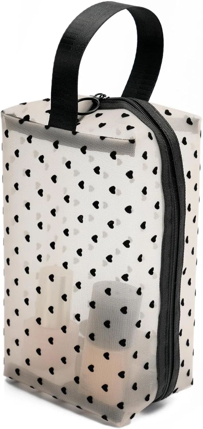 Portable Mesh Makeup Bag with Zipper Small Travel Toiletry Bag Lightweight Cosmetic Pouch (Beige&Black Heart with Handle)