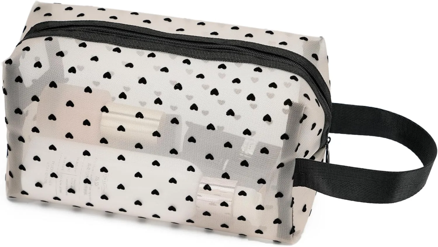 Portable Mesh Makeup Bag with Zipper Small Travel Toiletry Bag Lightweight Cosmetic Pouch (Beige&Black Heart with Handle)