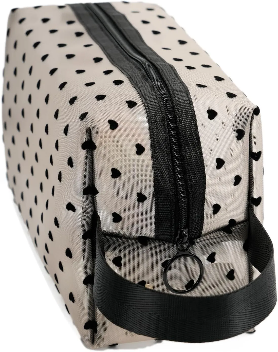 Portable Mesh Makeup Bag with Zipper Small Travel Toiletry Bag Lightweight Cosmetic Pouch (Beige&Black Heart with Handle)