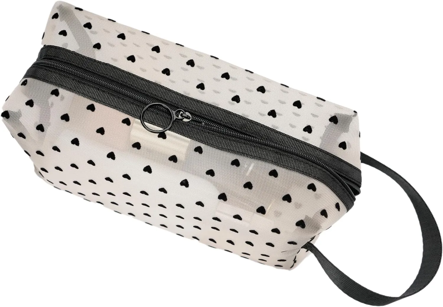 Portable Mesh Makeup Bag with Zipper Small Travel Toiletry Bag Lightweight Cosmetic Pouch (Beige&Black Heart with Handle)