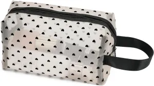 Portable Mesh Makeup Bag with Zipper Small Travel Toiletry Bag Lightweight Cosmetic Pouch (Beige&Black Heart with Handle)