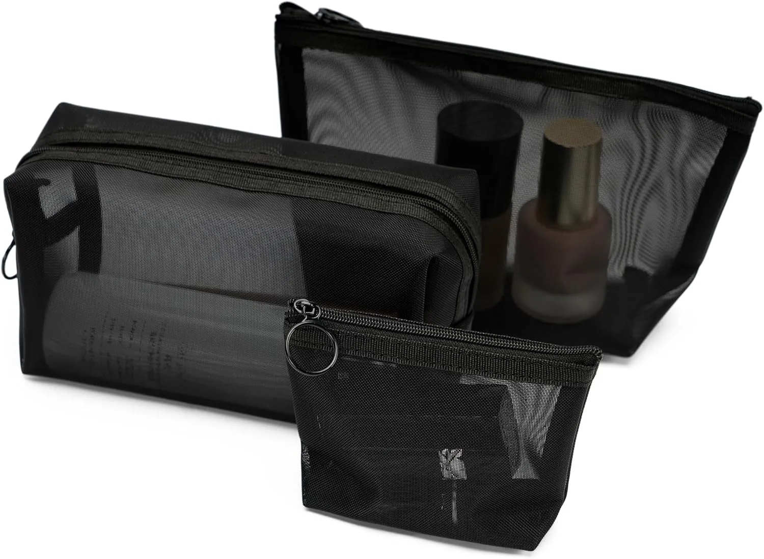 Portable Mesh Makeup Bag with Zipper Small Travel Toiletry Bag Lightweight Cosmetic Pouch (Black 3 Piece Set)