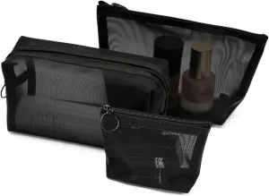 Portable Mesh Makeup Bag with Zipper Small Travel Toiletry Bag Lightweight Cosmetic Pouch (Black 3 Piece Set)