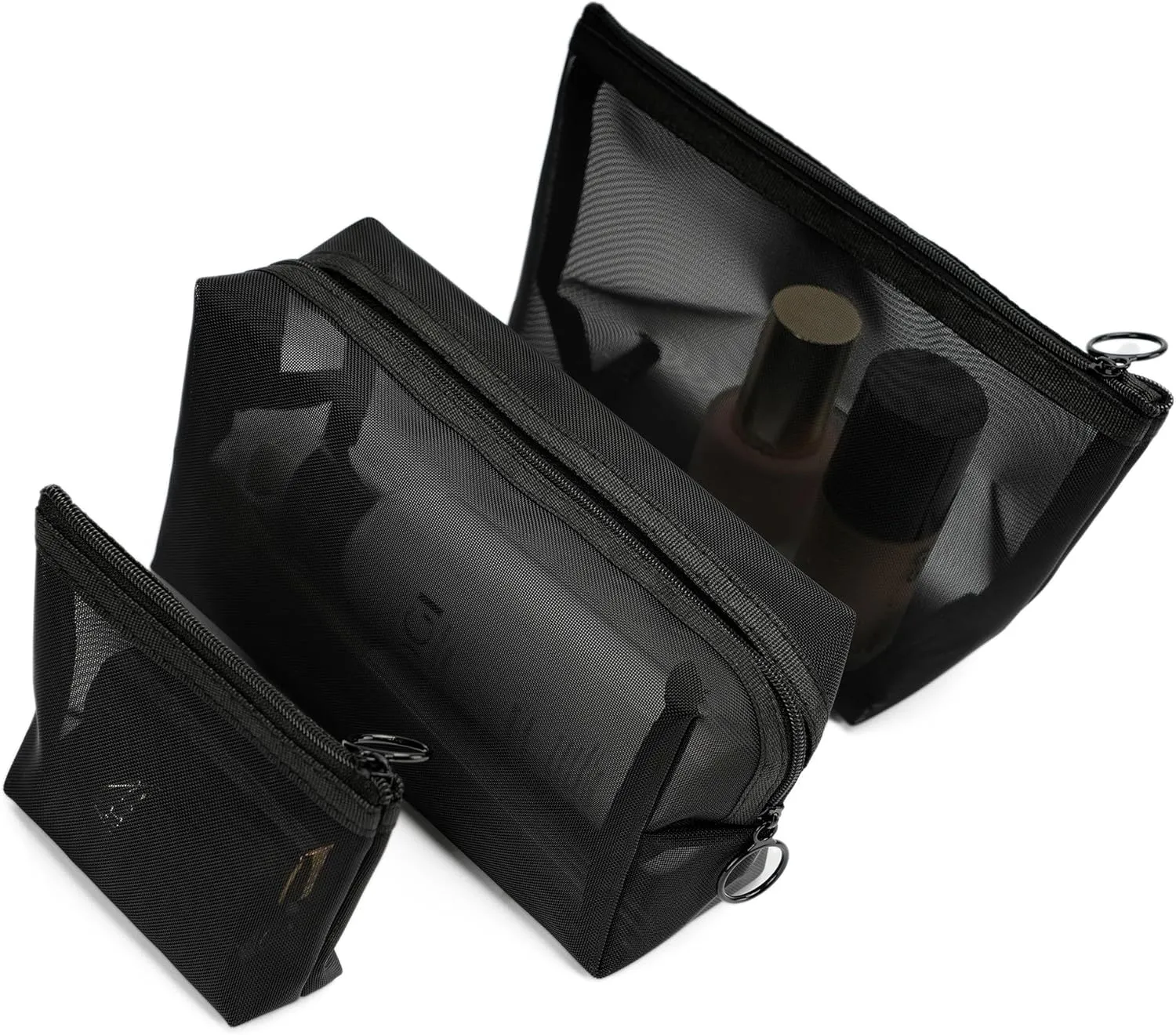 Portable Mesh Makeup Bag with Zipper Small Travel Toiletry Bag Lightweight Cosmetic Pouch (Black 3 Piece Set)