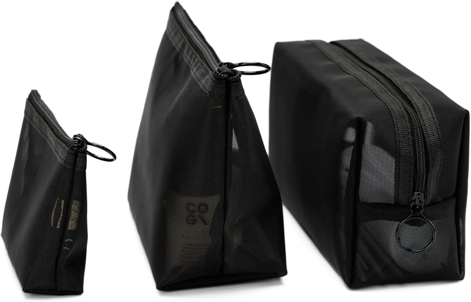 Portable Mesh Makeup Bag with Zipper Small Travel Toiletry Bag Lightweight Cosmetic Pouch (Black 3 Piece Set)