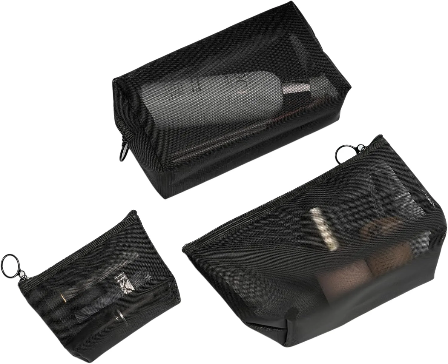Portable Mesh Makeup Bag with Zipper Small Travel Toiletry Bag Lightweight Cosmetic Pouch (Black 3 Piece Set)