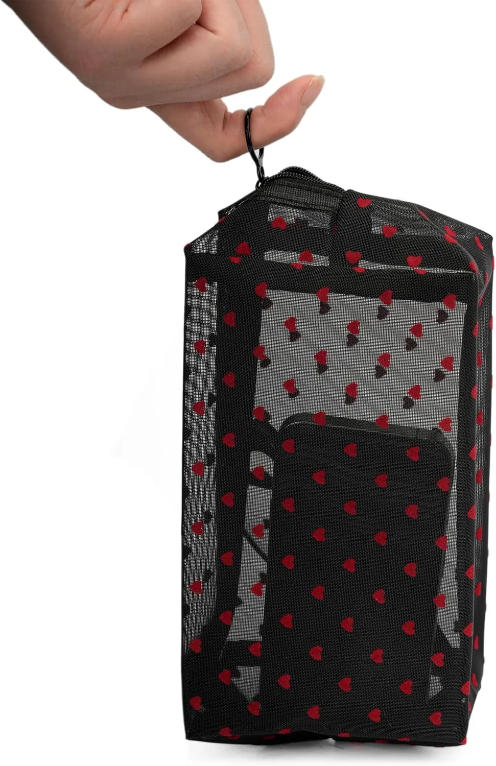 Portable Mesh Makeup Bag with Zipper Small Travel Toiletry Bag Lightweight Cosmetic Pouch (Black Square Red Heart)