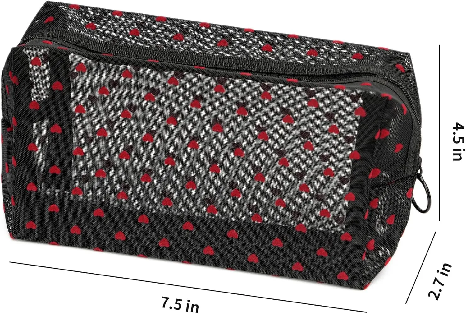Portable Mesh Makeup Bag with Zipper Small Travel Toiletry Bag Lightweight Cosmetic Pouch (Black Square Red Heart)