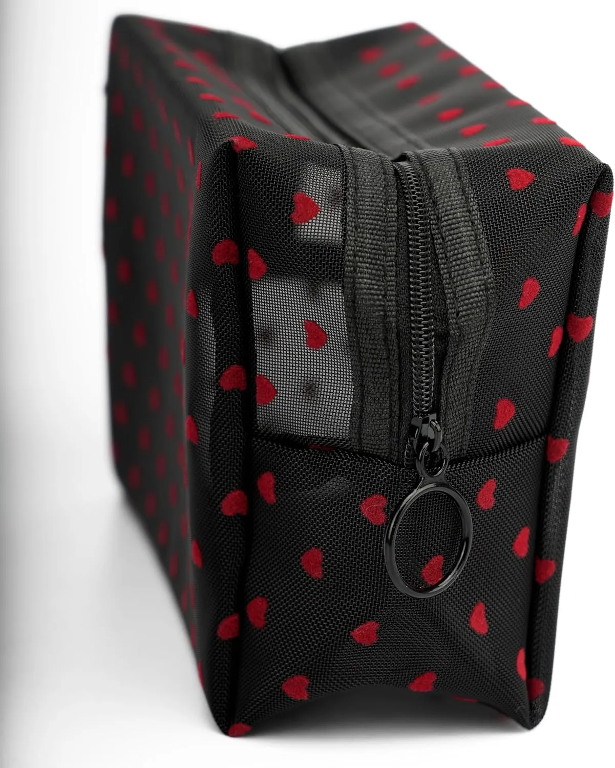 Portable Mesh Makeup Bag with Zipper Small Travel Toiletry Bag Lightweight Cosmetic Pouch (Black Square Red Heart)
