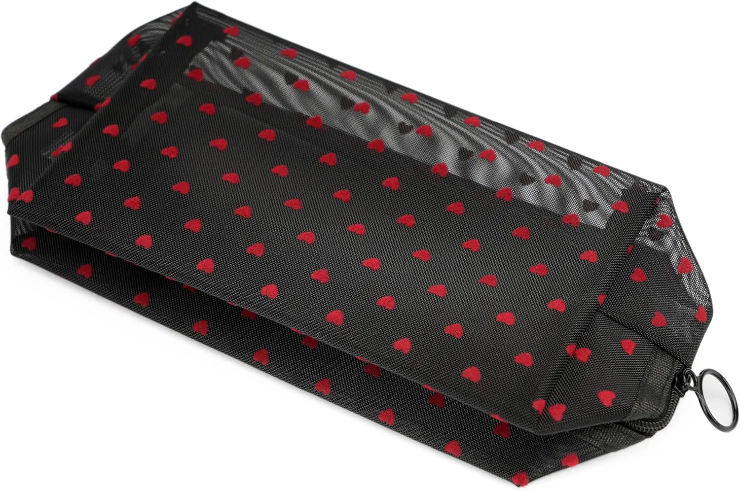 Portable Mesh Makeup Bag with Zipper Small Travel Toiletry Bag Lightweight Cosmetic Pouch (Black Square Red Heart)