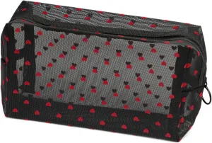 Portable Mesh Makeup Bag with Zipper Small Travel Toiletry Bag Lightweight Cosmetic Pouch (Black Square Red Heart)