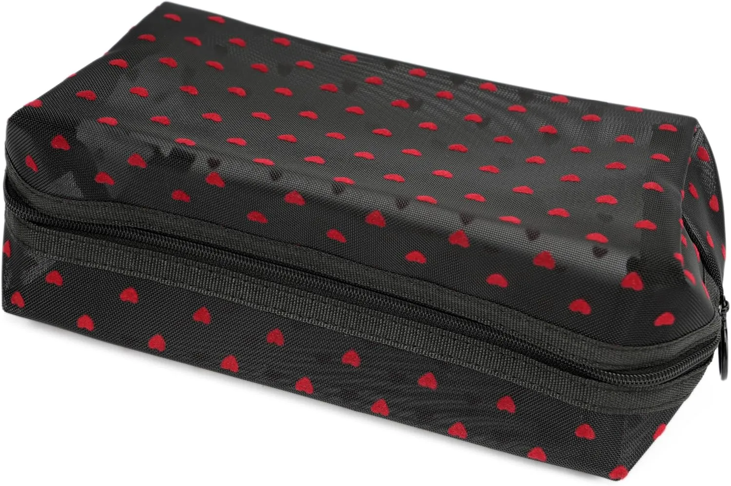 Portable Mesh Makeup Bag with Zipper Small Travel Toiletry Bag Lightweight Cosmetic Pouch (Black Square Red Heart)