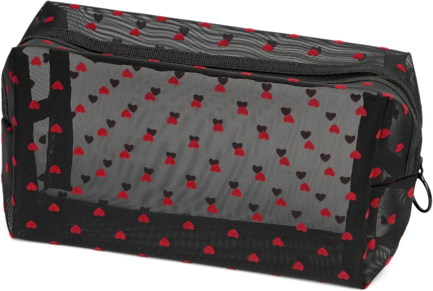 Portable Mesh Makeup Bag with Zipper Small Travel Toiletry Bag Lightweight Cosmetic Pouch (Black Square Red Heart)