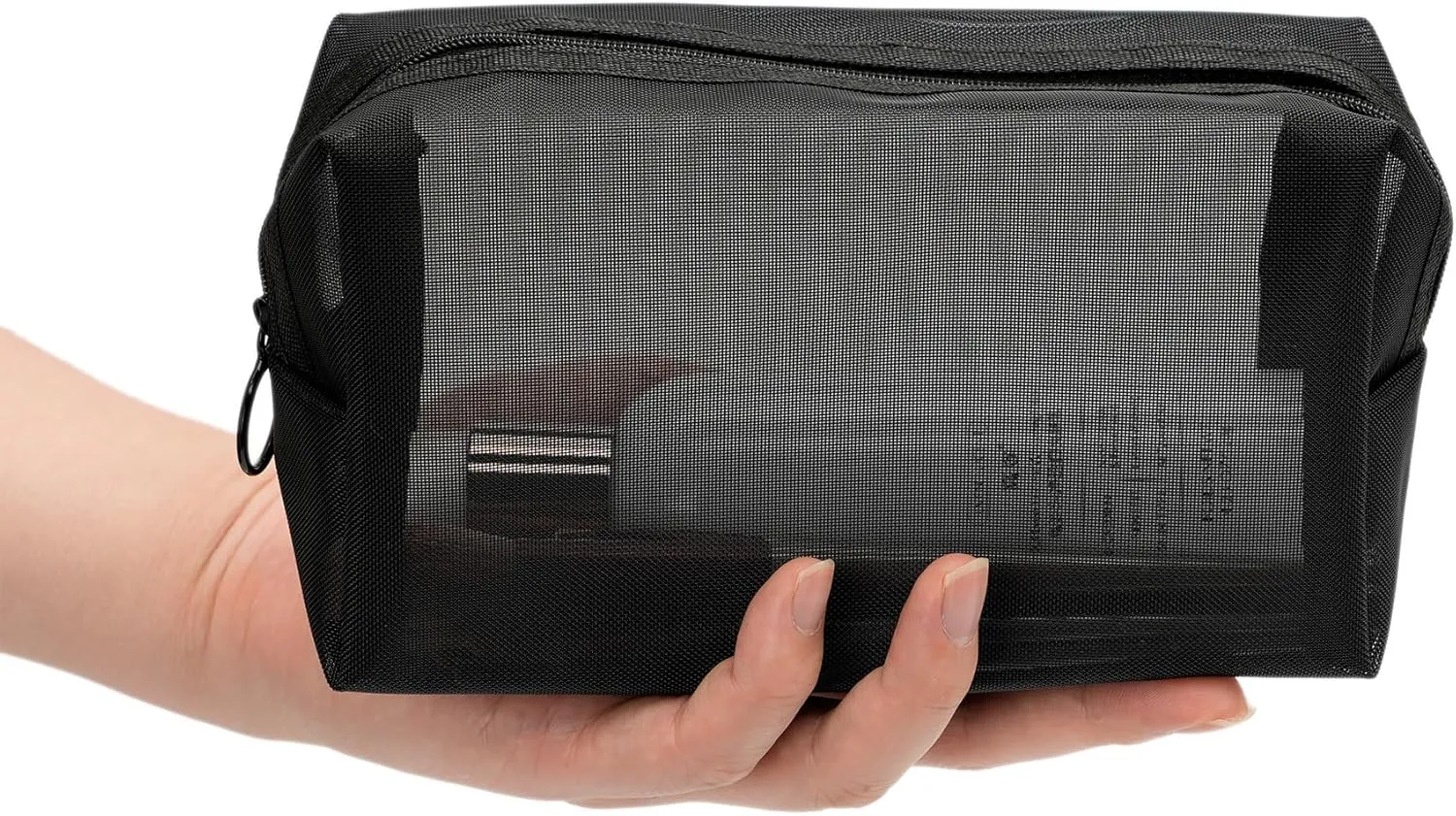 Portable Mesh Makeup Bag with Zipper Small Travel Toiletry Bag Lightweight Cosmetic Pouch (Black Square)