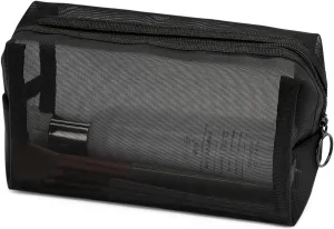 Portable Mesh Makeup Bag with Zipper Small Travel Toiletry Bag Lightweight Cosmetic Pouch (Black Square)