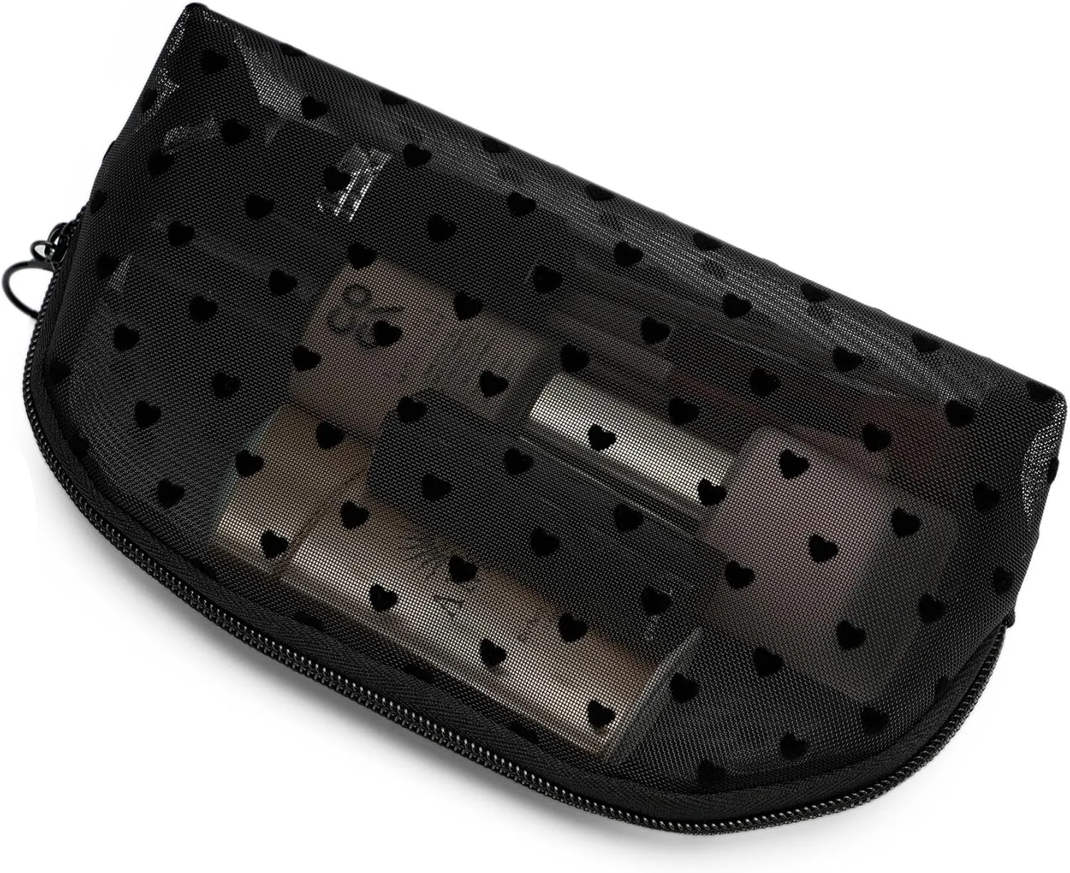 Portable Mesh Makeup Bag with Zipper Small Travel Toiletry Bag Lightweight Cosmetic Pouch (Black&Black Heart Half Round)