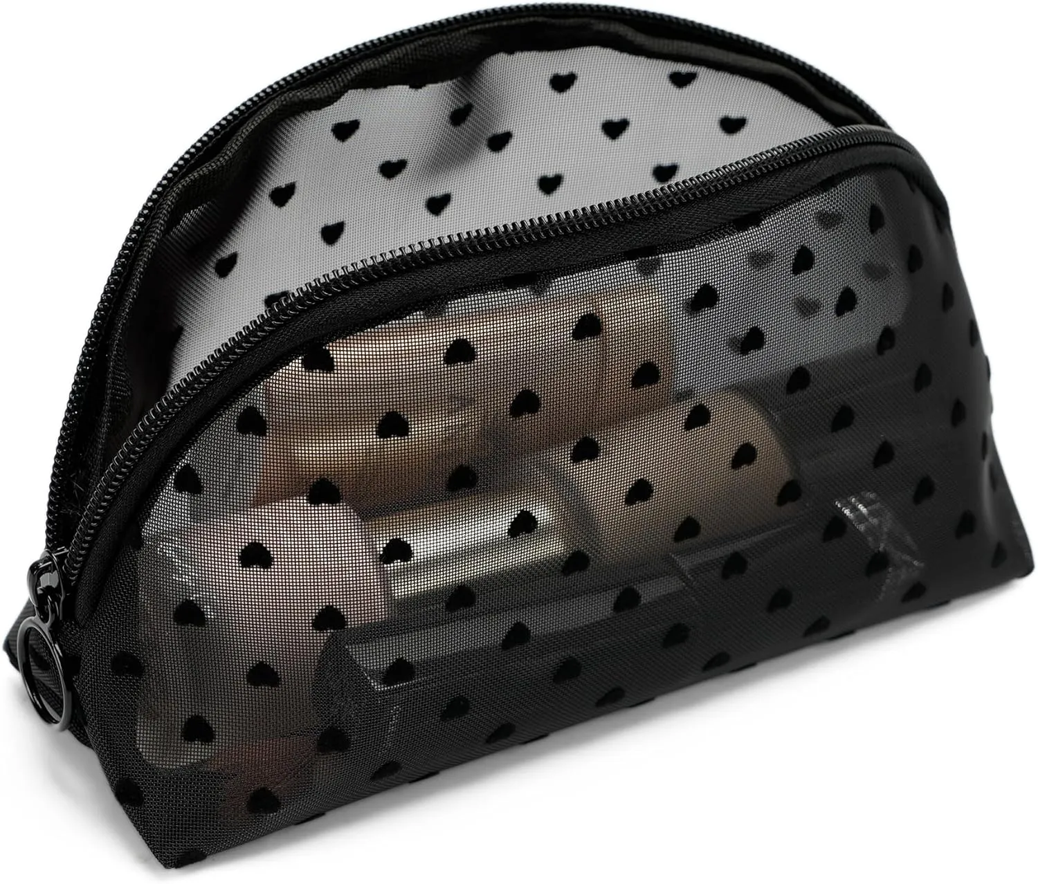 Portable Mesh Makeup Bag with Zipper Small Travel Toiletry Bag Lightweight Cosmetic Pouch (Black&Black Heart Half Round)