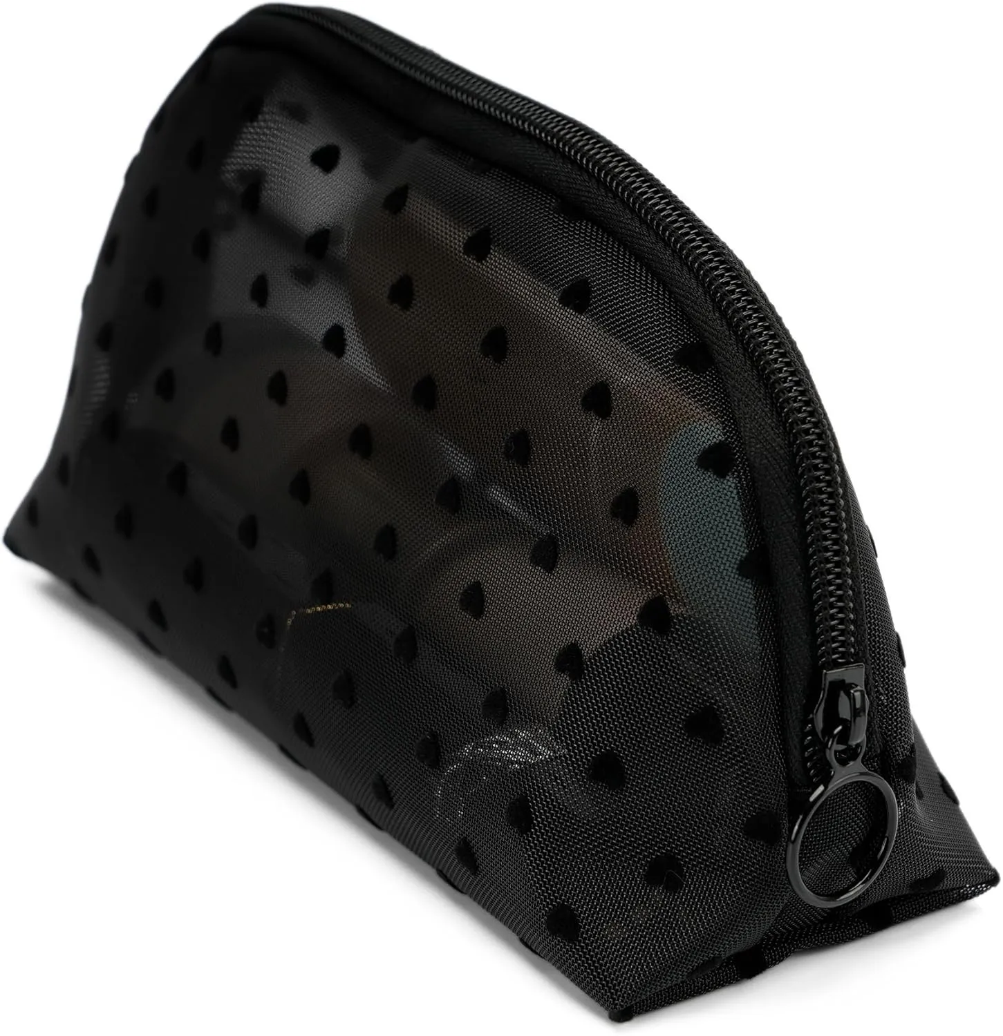 Portable Mesh Makeup Bag with Zipper Small Travel Toiletry Bag Lightweight Cosmetic Pouch (Black&Black Heart Half Round)