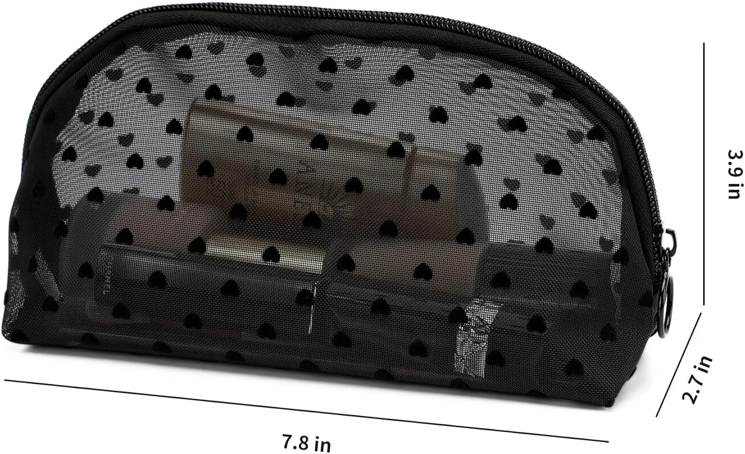 Portable Mesh Makeup Bag with Zipper Small Travel Toiletry Bag Lightweight Cosmetic Pouch (Black&Black Heart Half Round)