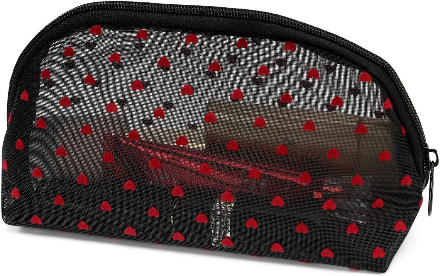 Portable Mesh Makeup Bag with Zipper Small Travel Toiletry Bag Lightweight Cosmetic Pouch (Black&Red Heart Half Round)