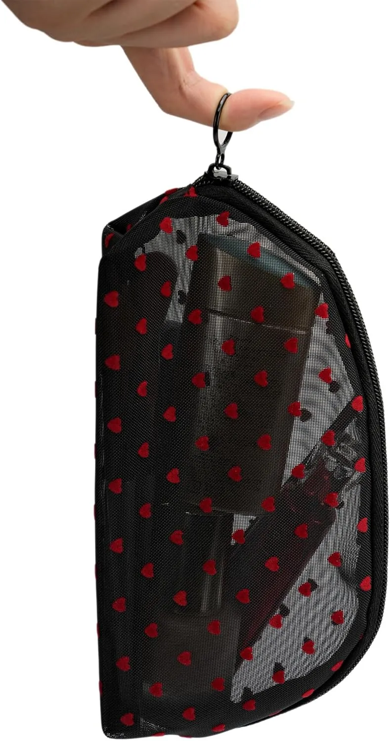 Portable Mesh Makeup Bag with Zipper Small Travel Toiletry Bag Lightweight Cosmetic Pouch (Black&Red Heart Half Round)