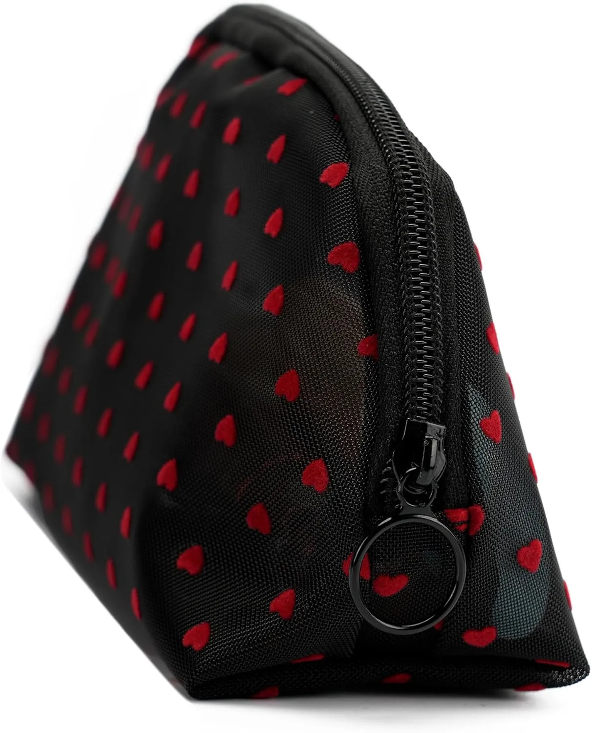 Portable Mesh Makeup Bag with Zipper Small Travel Toiletry Bag Lightweight Cosmetic Pouch (Black&Red Heart Half Round)