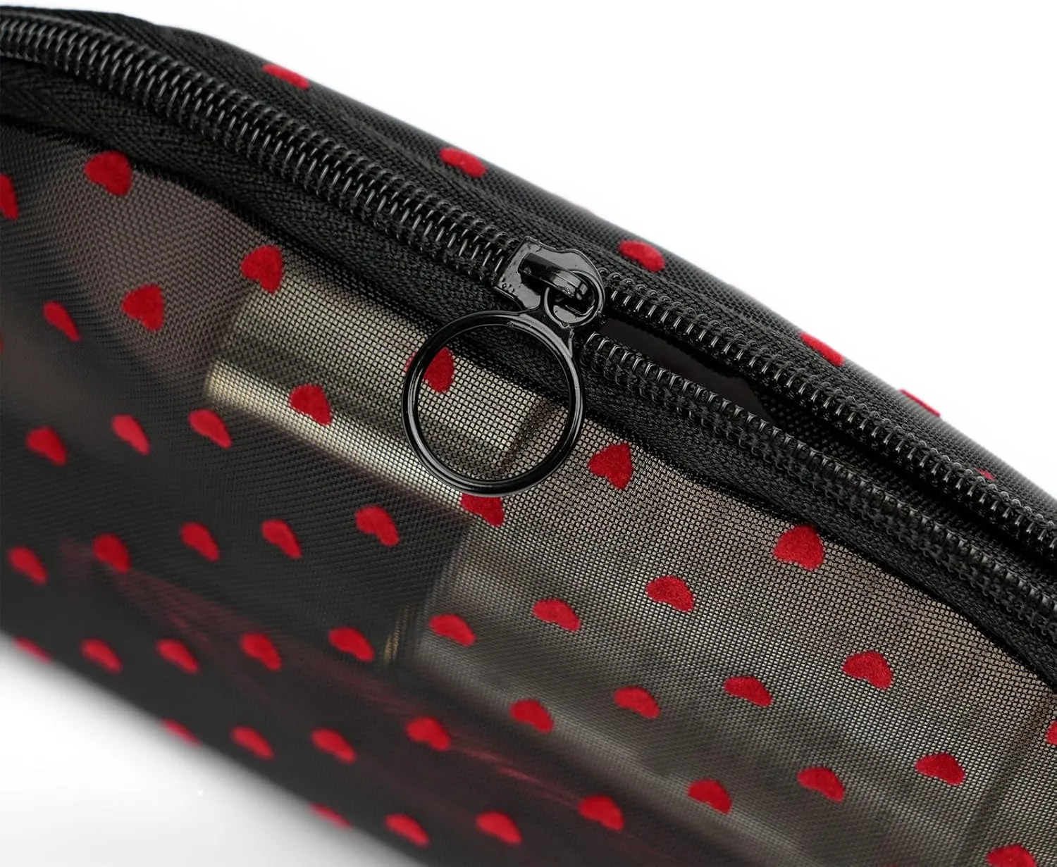 Portable Mesh Makeup Bag with Zipper Small Travel Toiletry Bag Lightweight Cosmetic Pouch (Black&Red Heart Half Round)