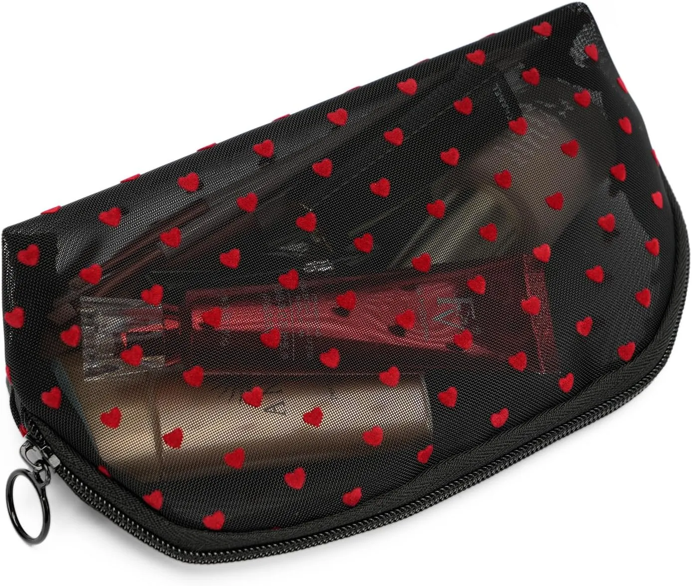 Portable Mesh Makeup Bag with Zipper Small Travel Toiletry Bag Lightweight Cosmetic Pouch (Black&Red Heart Half Round)
