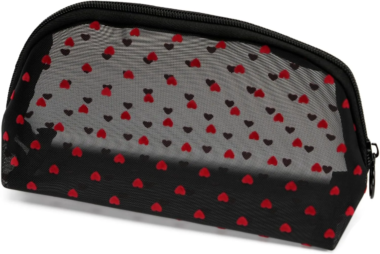 Portable Mesh Makeup Bag with Zipper Small Travel Toiletry Bag Lightweight Cosmetic Pouch (Black&Red Heart Half Round)