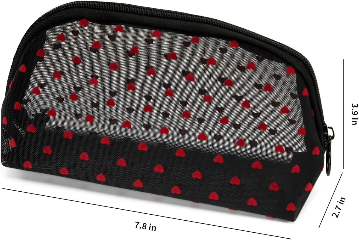 Portable Mesh Makeup Bag with Zipper Small Travel Toiletry Bag Lightweight Cosmetic Pouch (Black&Red Heart Half Round)