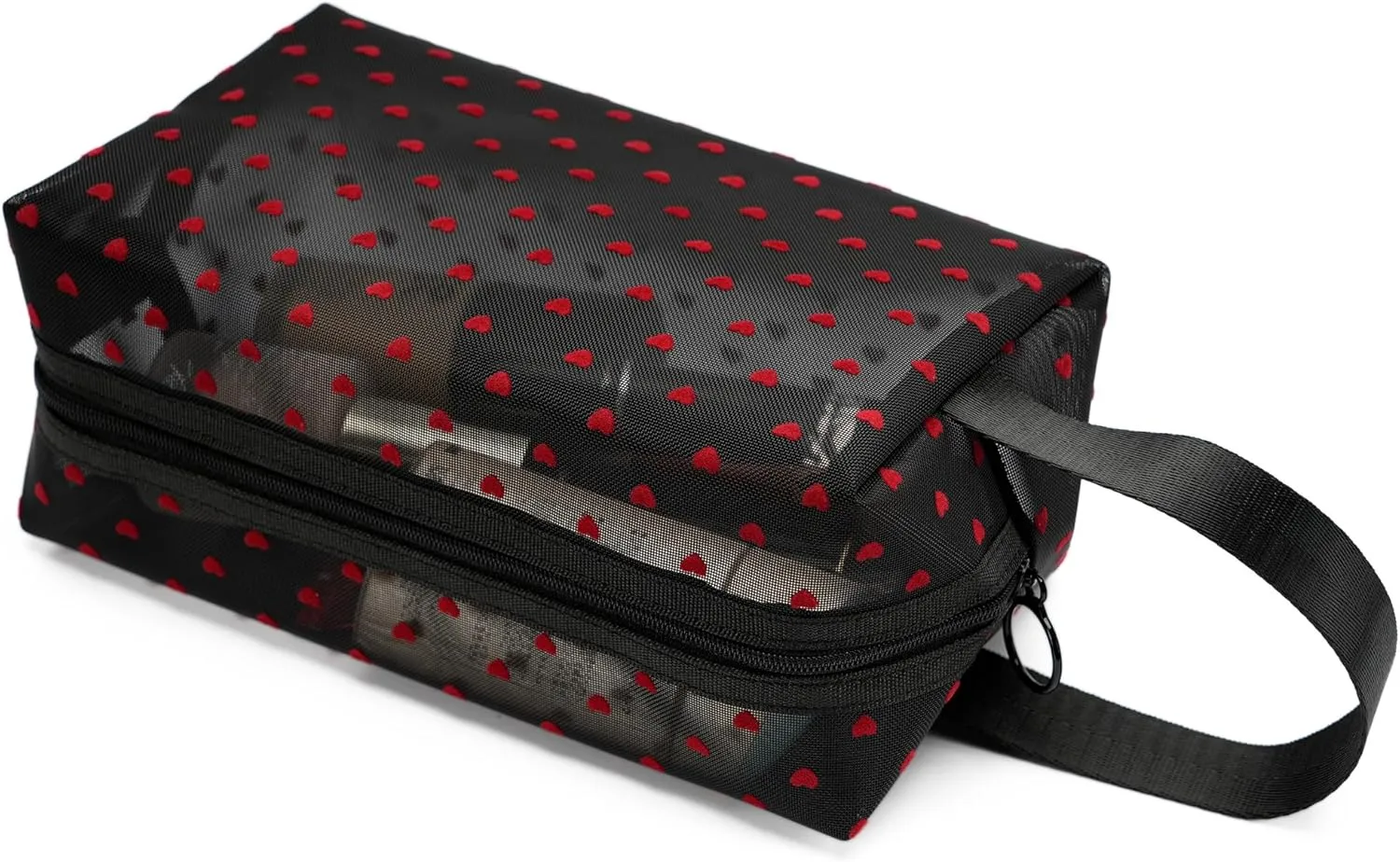 Portable Mesh Makeup Bag with Zipper Small Travel Toiletry Bag Lightweight Cosmetic Pouch (Black&Red Heart with Handle)