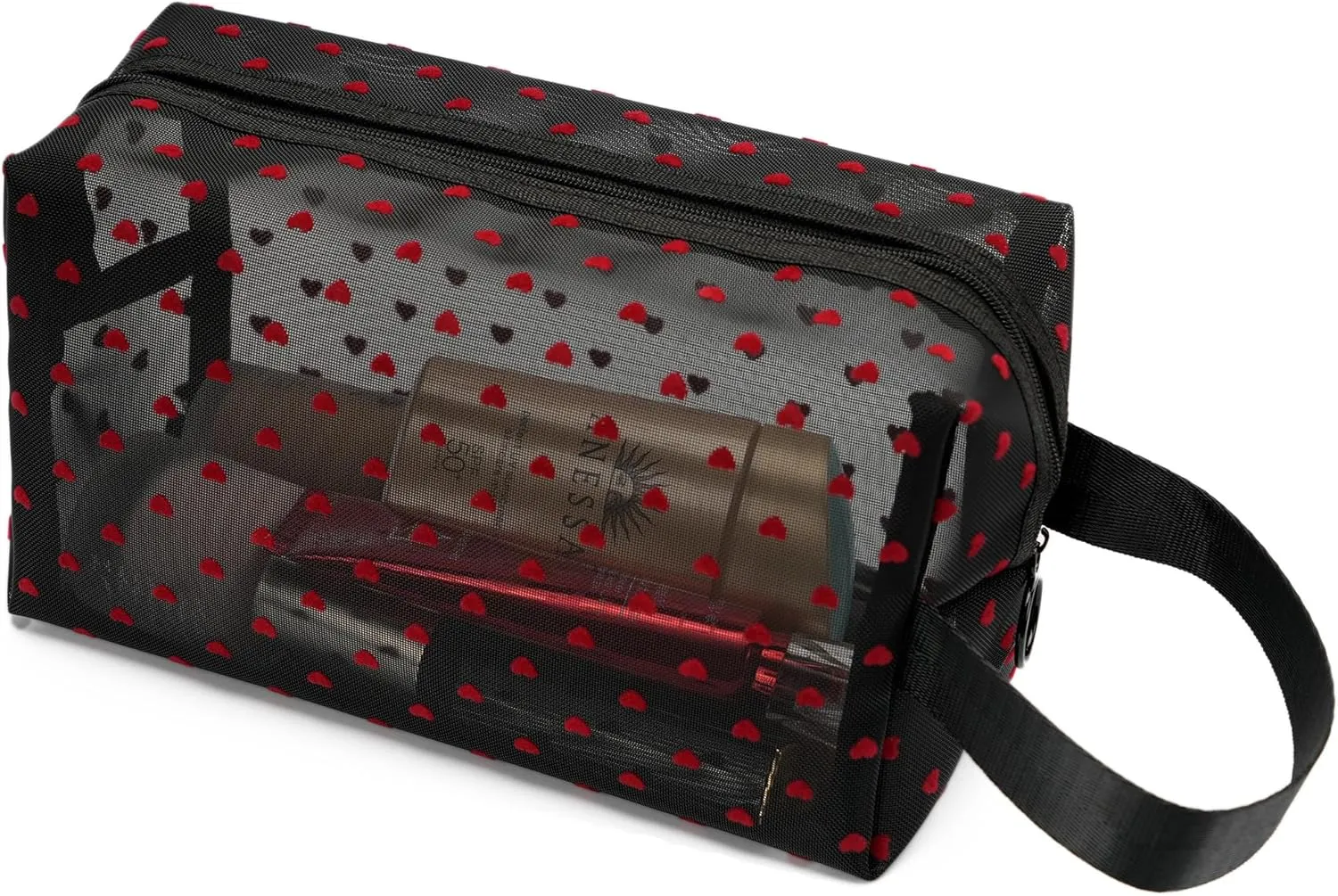 Portable Mesh Makeup Bag with Zipper Small Travel Toiletry Bag Lightweight Cosmetic Pouch (Black&Red Heart with Handle)