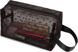 Portable Mesh Makeup Bag with Zipper Small Travel Toiletry Bag Lightweight Cosmetic Pouch (Black&Red Heart with Handle)