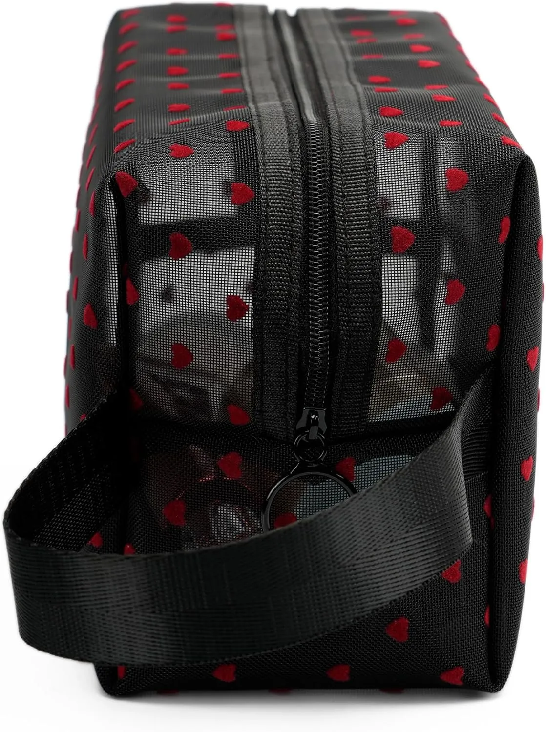 Portable Mesh Makeup Bag with Zipper Small Travel Toiletry Bag Lightweight Cosmetic Pouch (Black&Red Heart with Handle)