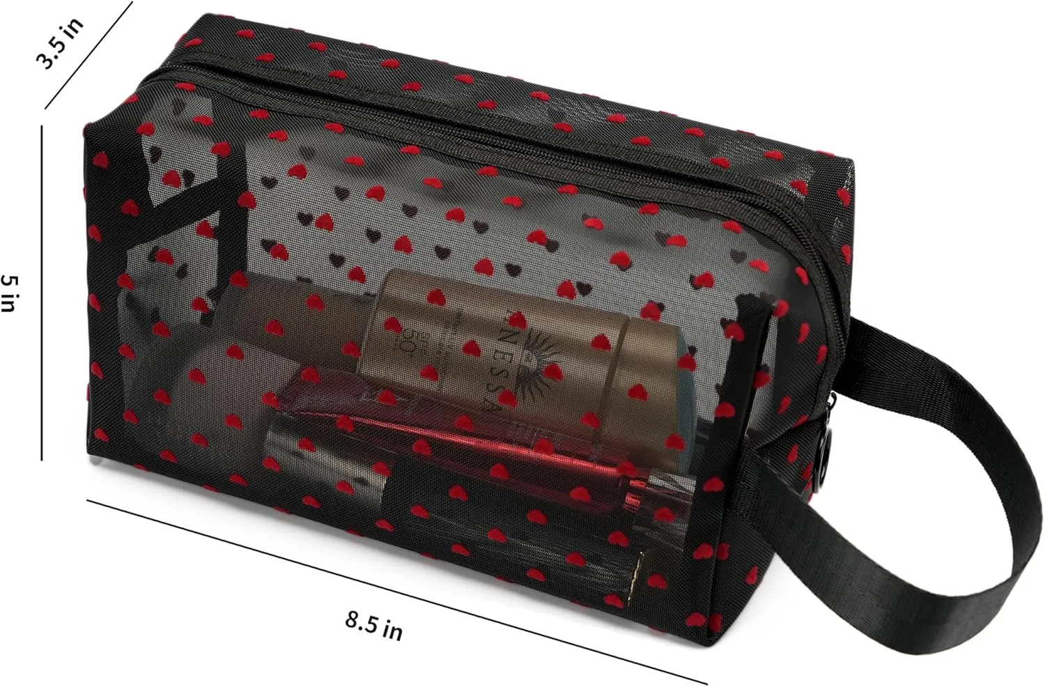 Portable Mesh Makeup Bag with Zipper Small Travel Toiletry Bag Lightweight Cosmetic Pouch (Black&Red Heart with Handle)